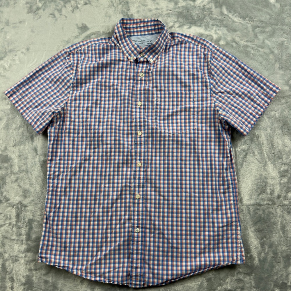 Banana Republic Luxe Stretch Poplin Shirt Mens Large Grant Slim Fit Gingham Blue